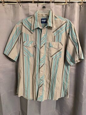 Wrangler Short Sleeve Striped Button-Down Shirt - Teal & Light Gray
